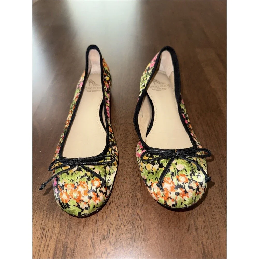 10022-SHOE Saks Fifth Ave Floral Ballet Flats Bow Leather Sole Womens 7M EU37.5